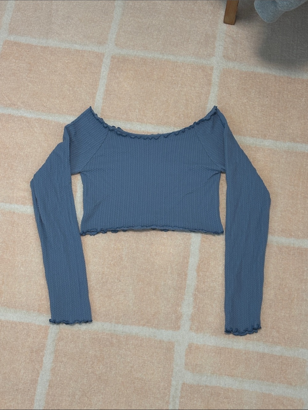Free People Ribbed Lettuce-Edge Long Sleeve Crop Top - Dusty Blue